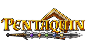 Das Logo von Pentaquin, präsentiert in goldenen, erhabenen Buchstaben, unterstrichen von einem Schwert mit einem Griff, der mit fünf Edelsteinen besetzt ist, die jeweils eines der Elemente Feuer, Wasser, Erde, Licht und Natur symbolisieren