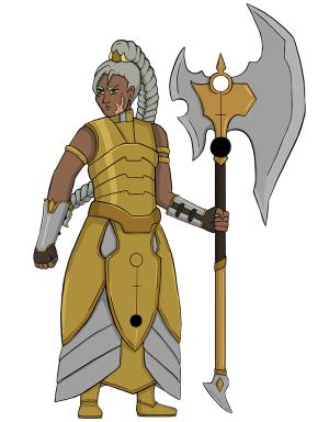 Lyria Elumor, dargestellt als eine disziplinierte Kriegerin in goldener Plattenrüstung und ausgestattet mit einer imposanten Streitaxt, die die Symbolik des Lichtzirkels trägt und ihre Entschlossenheit sowie ihre Rolle als unnachgiebige Verteidigerin ihrer Überzeugungen symbolisiert.