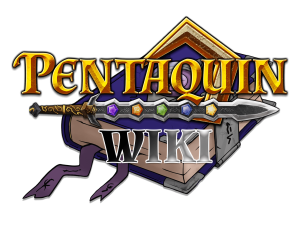 Logo des Pentaquin Wiki mit dem Titel 'Pentaquin' in goldener, erhabener Schrift oberhalb des Wortes 'WIKI', das auf einem violetten, metallisch wirkenden Banner mit einem querliegenden, mit Juwelen besetzten Schwert erscheint. Runen und Symbole zieren den Hintergrund, was auf die mystische und mittelalterliche Thematik des zugehörigen Rollenspiels hindeutet.