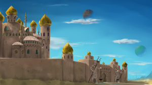 Konzeptillustration von Terovania, der Wüstenmetropole in Pentaquin, zeigt eine Stadt mit prächtigen, goldbedeckten Kuppeldächern und hohen Sandsteinmauern. Statuen flankieren die mächtigen Stadttore. Am Himmel sind zwei verschiedenfarbige Monde sichtbar, die über der Stadt schweben und ihr mystisches Ambiente betonen.