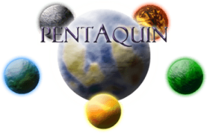Das Logo von Pentaquin umgeben von fünf symbolischen Monden, die um den zentral gelegenen Planeten kreisen und die essenziellen Elemente des Universums repräsentieren: Feuer, Wasser, Erde, Licht und Natur, welche die zentrale Bedeutung und das mystische Gleichgewicht des Planeten im Herzen des Pentaquin-Universums hervorheben.